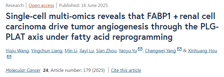 單細(xì)胞多組學(xué)揭示 在脂肪酸重編程條件下，F(xiàn)ABP1陽性腎細(xì)胞癌通過PLG-PLAT信號軸驅(qū)動腫瘤血管生成