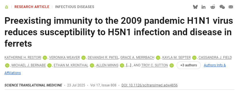 針對2009年甲型H1N1流感病毒的預存免疫力可減弱雪貂對H5N1感染的易感性及發(fā)病風險