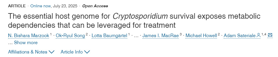 揭示隱孢子蟲(chóng)生存必需的宿主基因組，暴露可用于治療的代謝依賴性