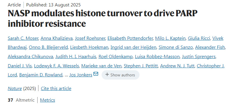 NASP通過調(diào)控組蛋白更新驅(qū)動(dòng)PARP抑制劑耐藥性的產(chǎn)生