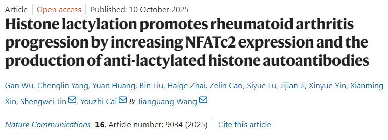 組蛋白乳酸化通過增加NFATc2表達(dá)及抗乳酸化組蛋白自身抗體產(chǎn)生促進(jìn)類風(fēng)濕關(guān)節(jié)炎進(jìn)展