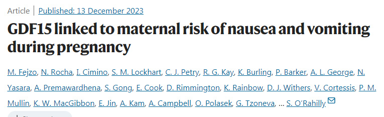 GDF15與孕婦妊娠期間惡心嘔吐的風(fēng)險(xiǎn)相關(guān)